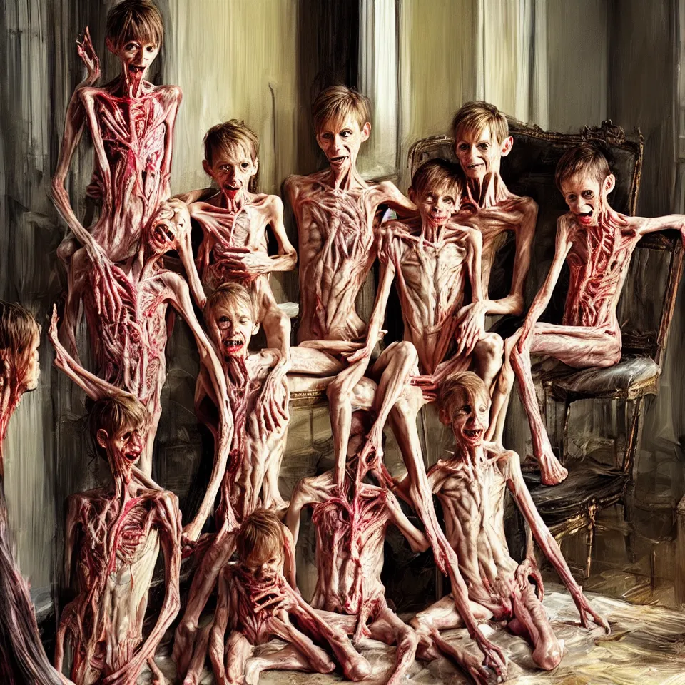 Image similar to bright realistic anorexic family turning into a god and smiling franticly, old apartment, rotten flesh, diffuse lighting, fantasy, intricate, elegant, highly detailed, lifelike, photorealistic, digital painting, artstation, illustration, concept art, smooth, sharp focus, art by francis bacon and jenny saville