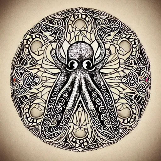 Prompt: a cute octopus in a intricate and ornate mandala with fine details