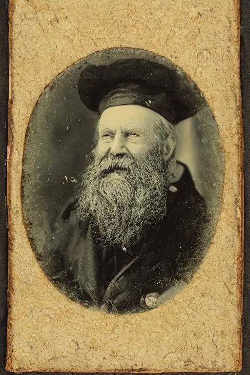 Prompt: a Ferrotype photograph of a grizzled old sea captain
