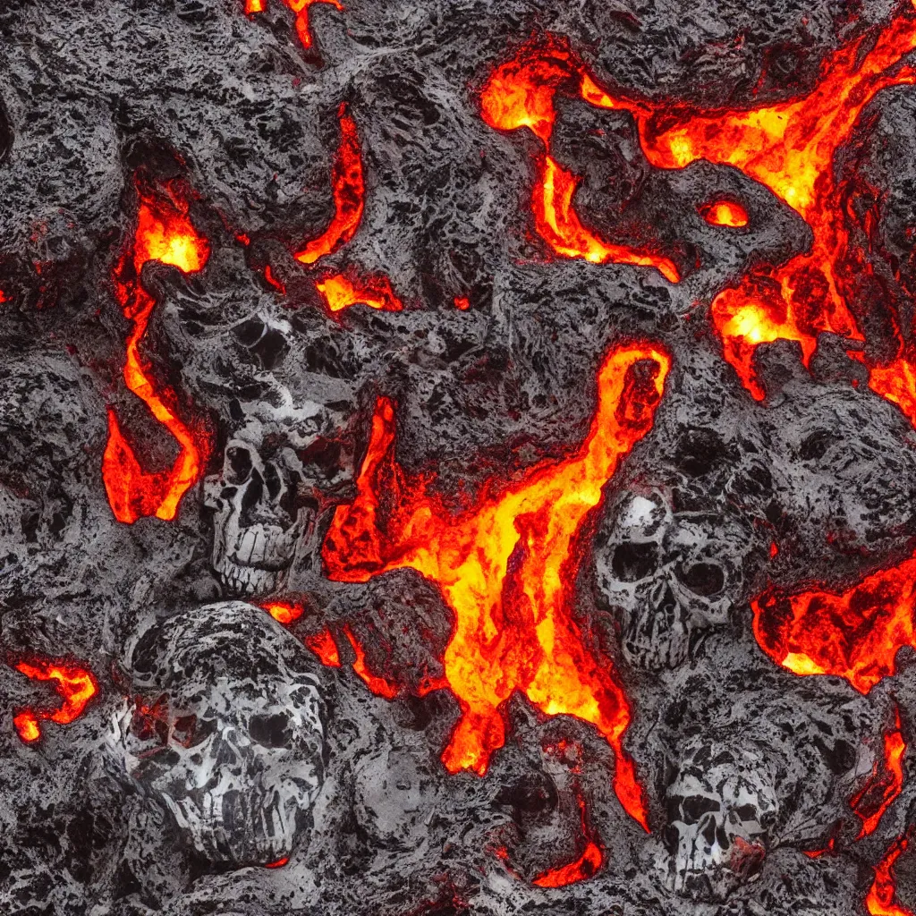 Image similar to wide angle scene of volcano caldera in the form of the punisher skull icon. punisher icon is lava lake with flowing fountains and rivers of lava. detailed, high art, intricate, artisan