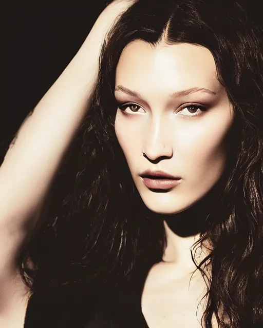 Image similar to bella hadid beautiful cute woman portrait, dynamic, epic, cinematic movie shot of a close full body portrait, expressing joy. inspirational arthouse, high budget, hollywood style, at behance, at netflix, instagram filters, photoshop, adobe lightroom, adobe after effects, taken with polaroid kodak portra