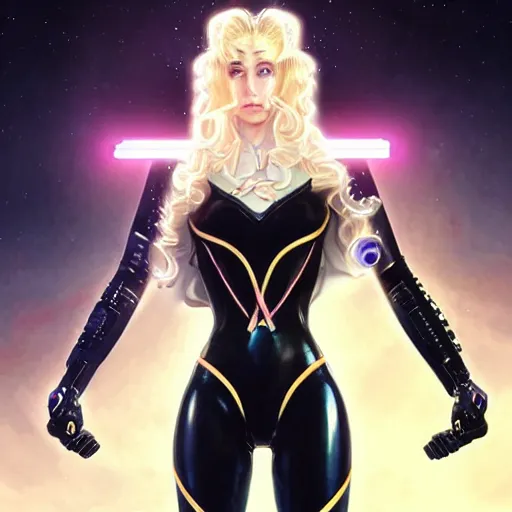 Image similar to genetically augmented super soldier Sailor Moon as a male, pale skin curly blond hair, black latex bodysuit with glowing cybernetics, fantasy, intricate, elegant, highly detailed, digital painting, artstation, concept art, matte, sharp focus, illustration, art by Artgerm and Greg Rutkowski and Alphonse Mucha