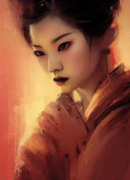 Image similar to female geisha girl, beautiful face, neon, rule of thirds, intricate outfit, spotlight, by greg rutkowski, by jeremy mann, digital painting