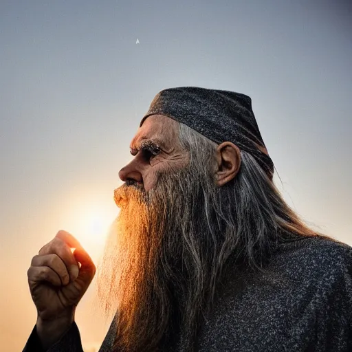 Image similar to scowling angry old wizard with a long white beard casting a spell, Tones of Black in Background, Golden Hour, Field of View, 2 Megapixels, 4-Dimensional, Masterpiece