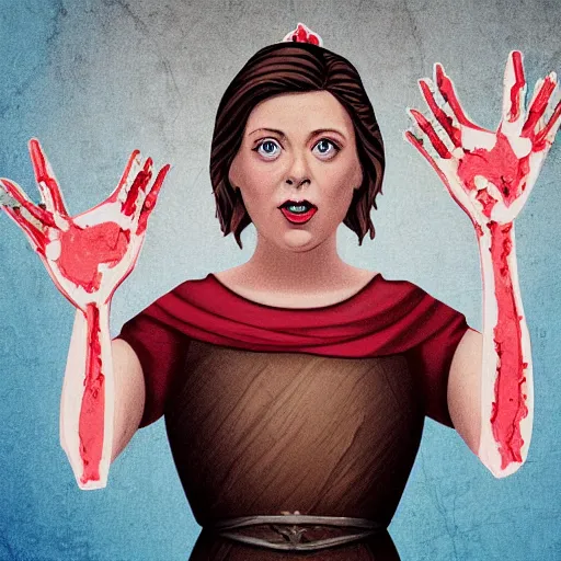 Image similar to rachel bloom as an animated princess looking at a jesus statue covered in bloody severed hands, set in a medieval world, digital art