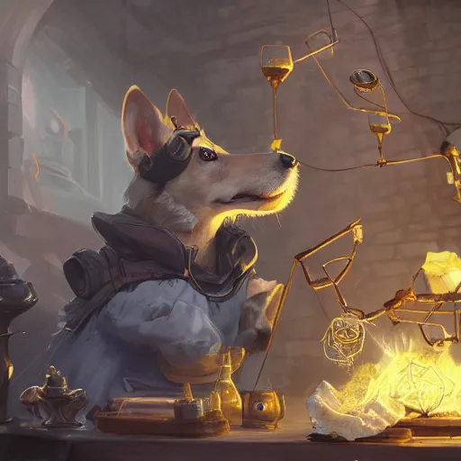 Prompt: d & d character art, corgi puppy alchemist in a laboratory full of arcane trinkets, highly detailed digital illustration, greg rutkowski, trending on artstation