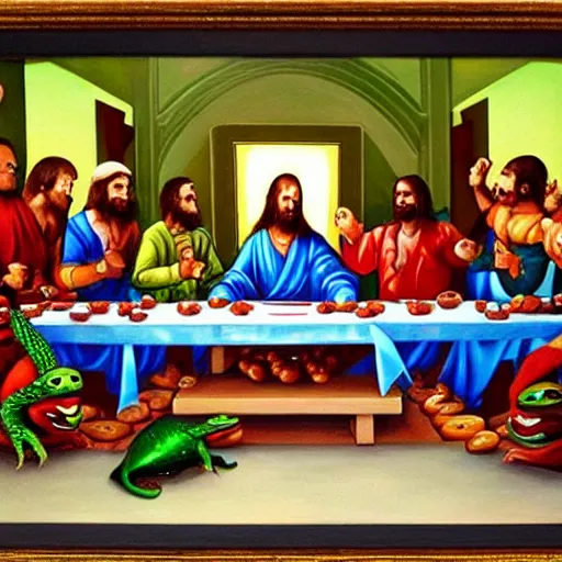 Prompt: realistic painting of the last supper with ninja turtles. pizza and coca cola are on the table. oil on canvas. 4 k