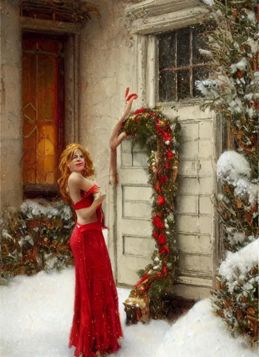 Image similar to emma stone opening door, wreath on door, christmas, artwork by gaston bussiere, craig mullins, trending on artstation