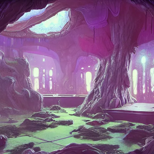 Prompt: concept art painting of a interior of an alien fantasy fungus house, realistic, detailed, cel shaded, magenta, dark, in the style of makoto shinkai and greg rutkowski and james gurney