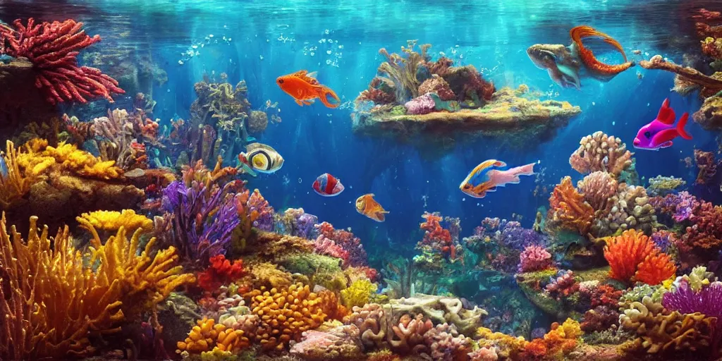 Image similar to beautiful underwater scene. an ancient ship sunk in the abyssvery shiny water. colorful fish. seahorse. goldfish. coral, water flowers. beautiful lighting, 4 k post - processing, highly detailed, 5 k extremely detailed, 3 d. sun is highlighting the bubbles. render in octane and cryengine. painterly detailed matte painting, by albert bierstadt