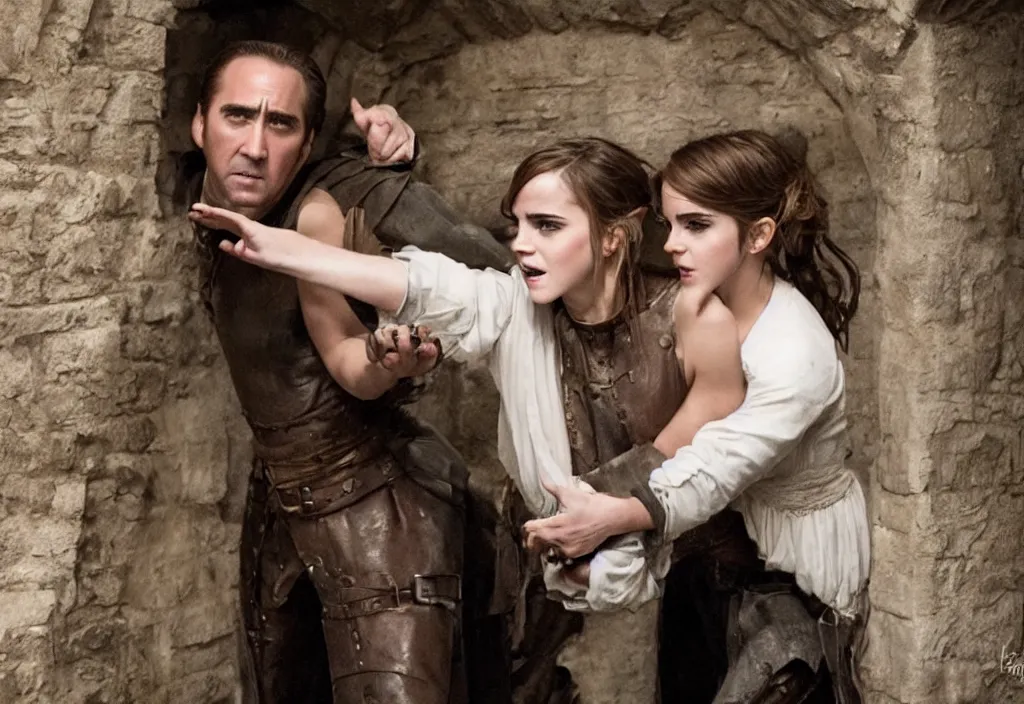 Image similar to photography emma watson fight with nicholas cage in a medieval wine cellar cinematic