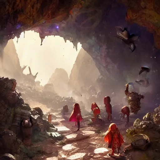 Image similar to medieval childs playing in a cave, there are colorful crystals on the ceiling and on the ground, by greg rutkowski, in the style of magic the gathering, 4k, very detailed