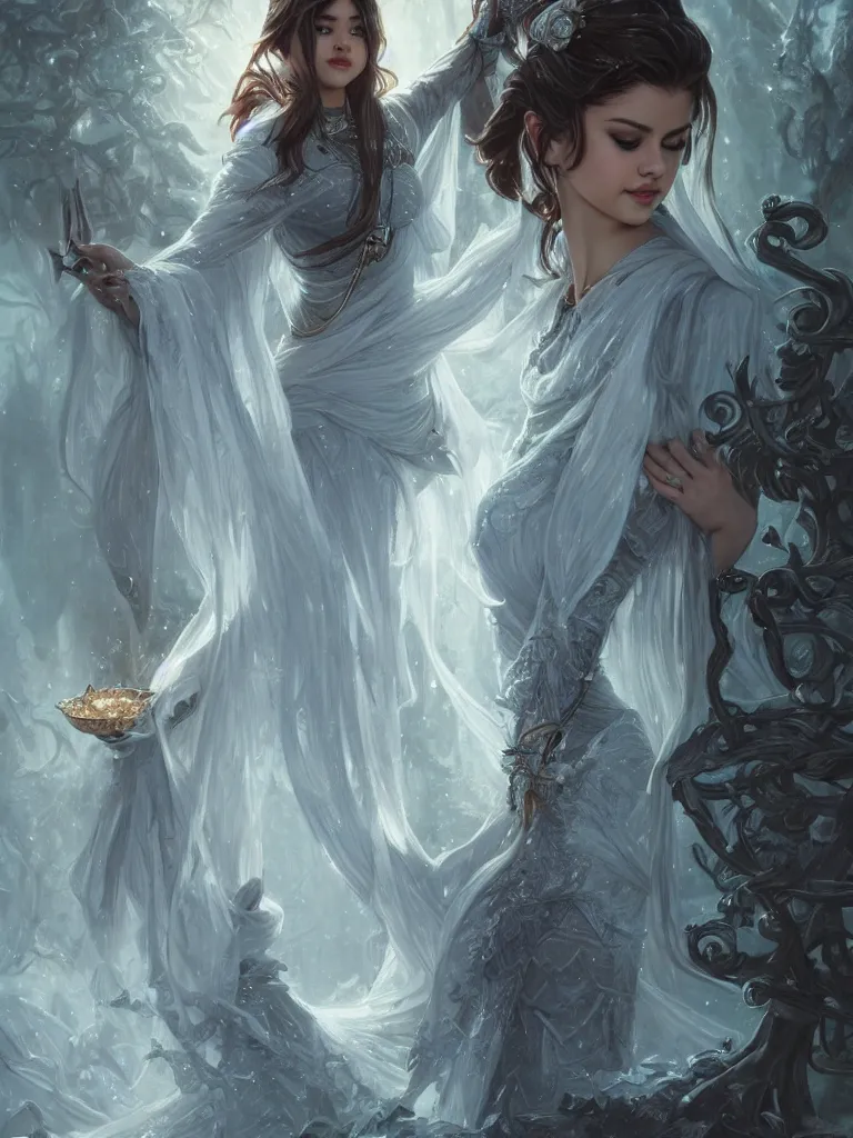 Image similar to Selena Gomez casting an frost spell, D&D, fantasy, intricate, elegant, highly detailed, digital painting, artstation, concept art, matte, sharp focus, illustration, hearthstone, art by Artgerm and Greg Rutkowski and Alphonse Mucha