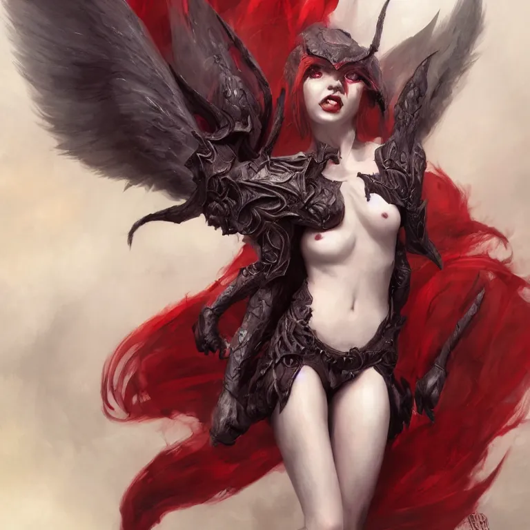 Image similar to Portrait of Bellie Eilish as a beautiful pale laughing succubus maiden with dark wings, nimbus, and devil's horns, red lighting, masterpiece 4k digital illustration by Ruan Jia and Mandy Jurgens and Artgerm, highly detailed, trending on artstation, award winning