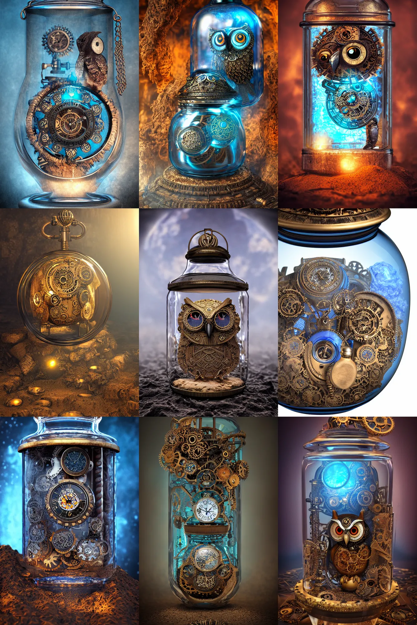 Prompt: steampunk aztec owl pocketwatch inside a glass jar buried in sand, intricate detail, volumetric lighting, epic composition, hyper detailed, ultra realistic, sharp focus, octane render, lava lamp, blue moon, volumetric, ray tracing, sense of awe, swirling mist, 4 k