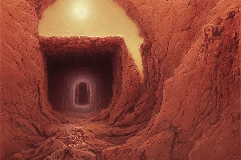 Prompt: portal to hell opening in the desert by tomek setowski and zdzislaw beksinski, deep rich colors, surreal oil painting, dream like, highly detailed, symmetry, masterpiece