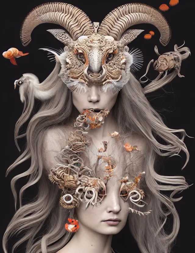 Image similar to 3 d goddess half - turn portrait with long hair with ram skull. beautiful intricately detailed japanese crow kitsune mask and clasical japanese kimono. betta fish, jellyfish phoenix, bio luminescent, plasma, ice, water, wind, creature, artwork by tooth wu and wlop and beeple and greg rutkowski