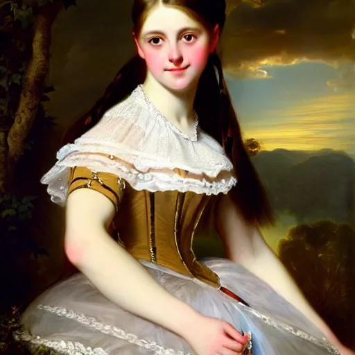 Image similar to portrait of a german teenage princess, circa 1 8 5 0 by franz xaver winterhalter, highly detailed, beautiful, oil on canvas, 1 8 5 0 s, romanticism