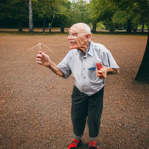 Prompt: An elderly man throwing a sausage, Canon EOS R3, f/1.4, ISO 200, 1/160s, 8K, RAW, unedited, symmetrical balance, in-frame
