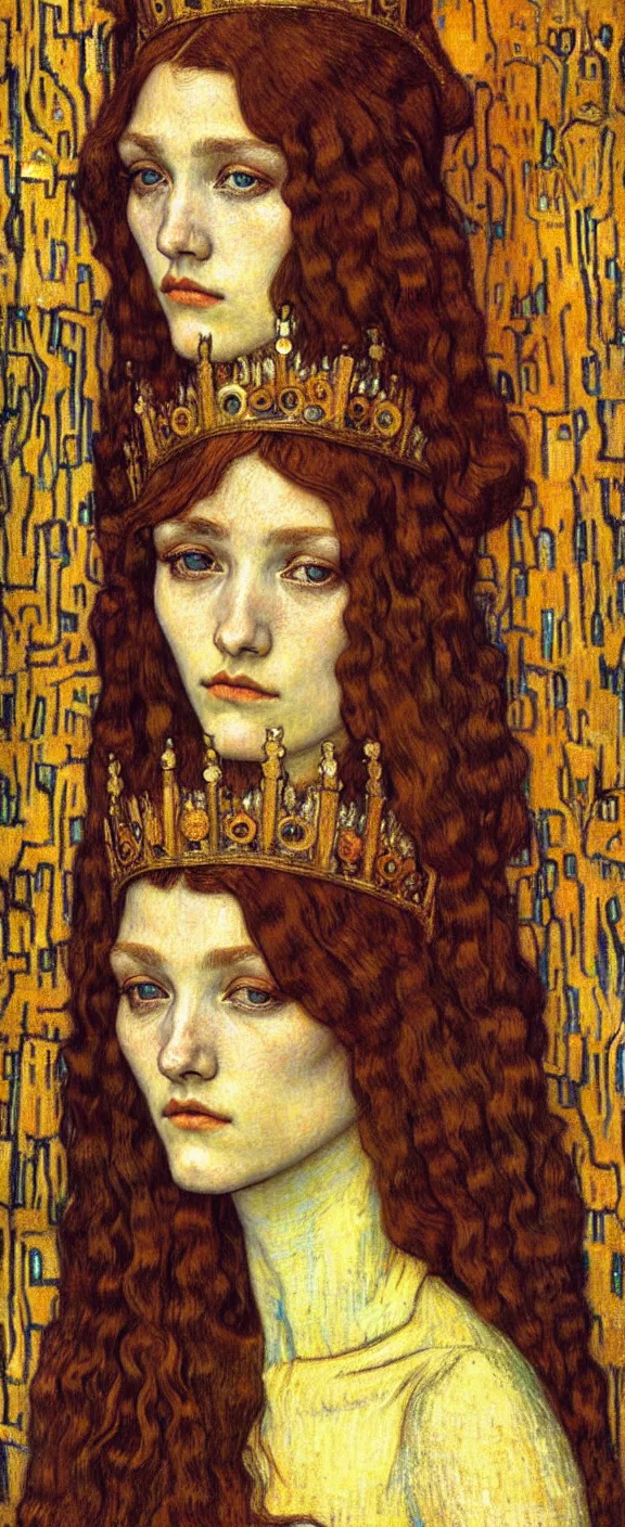 Image similar to detailed realistic beautiful young medieval queen face portrait by jean delville, gustav klimt and vincent van gogh, art nouveau, symbolist, visionary, gothic, pre - raphaelite, muted earthy colors, desaturated