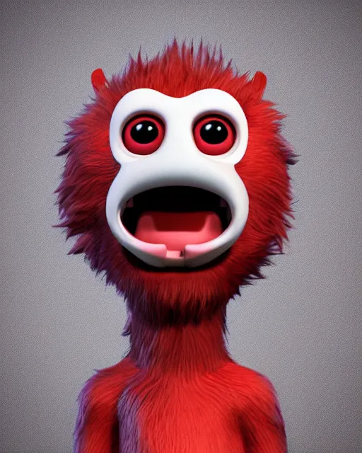 Image similar to 3 d render of completely red hairy friendly antropomorphic cartoony creature wearing chrome shades, without nose, full body, simple, cute, white background, unreal engine 5, octane render, highly detailed hdr