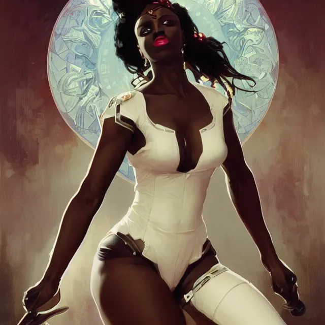 Prompt: african domme mistress, dominatrix full body, dominatrix, tribal, smooth white tight clothes suit, ornate, very beautiful, concept art, realistic painting, androgynous, afrofuturism, cgsociety, digital art by greg rutkowski, by alphonse mucha