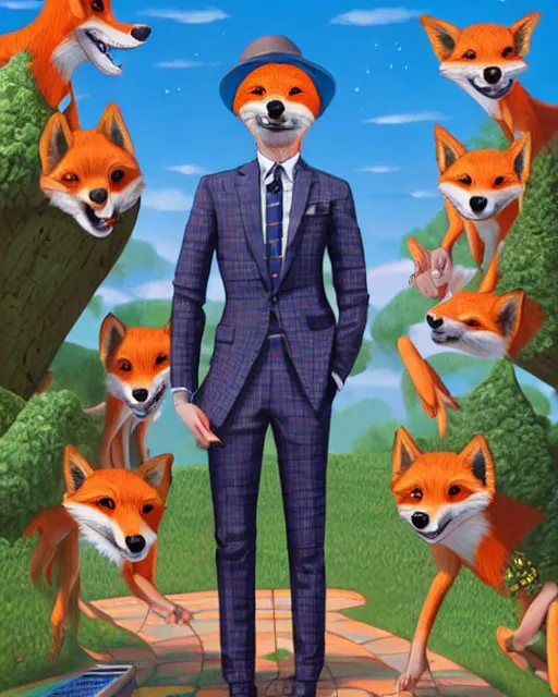 Prompt: a cute male anthropomorphic vulpes vulpes fulva wearing suit watching school playground, pixar style, by tristan eaton stanley artgerm and tom bagshaw