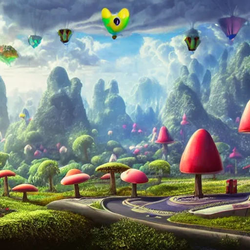 Prompt: beautiful matte art of the mushroom kingdom in the style of futuristic, photo realistic, 8 k uhd, high resolution, concept art detailed realistic, highly detailed, lighting, hyperrealistic, unreal engine