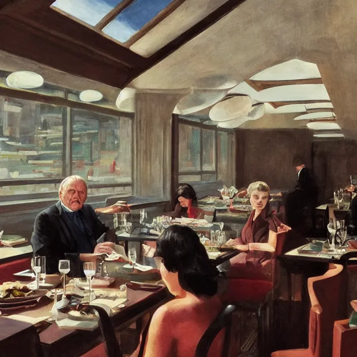 Prompt: Anthony Hopkins reading newspaper at the restaurant packed with women that look like Gal Gadot, art deco interior, skylight open ceiling, designed by Frank Lloyd Wright, highly detailed, painted by Edward Hopper, painted by James Gilleard