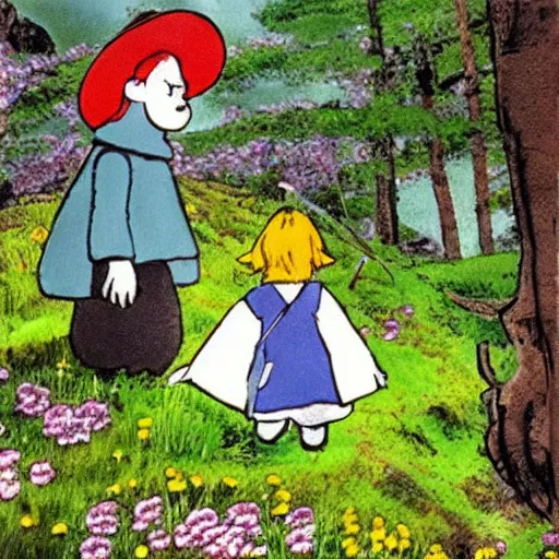 Prompt: moomin and snufkin in moominvalley spring time