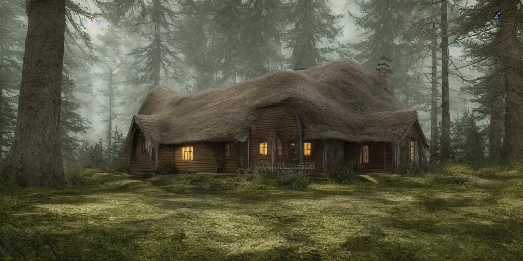 Image similar to a single cottage in the woods and empty woods, 8k, fantasy, hyper realistic, atmospheric