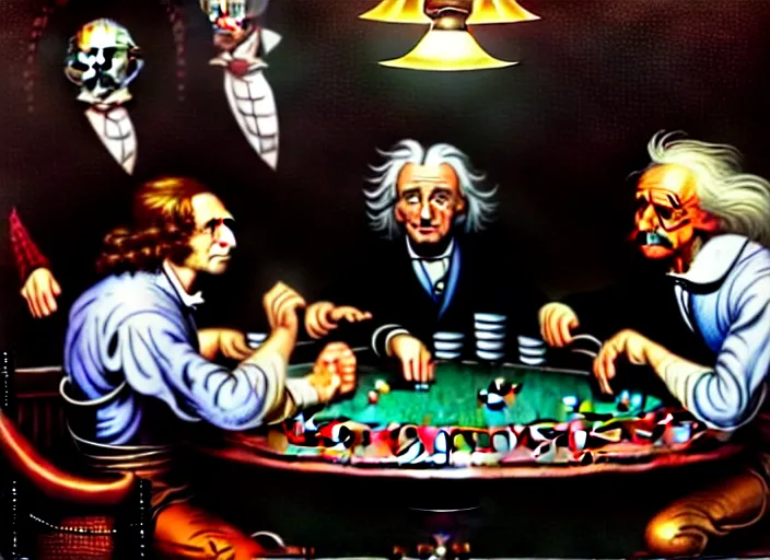 Image similar to isaac newton and stephen hawkins and albert einstein playing poker in an old west saloon, intricate, highly detailed, centered, digital painting, artstation, concept art, smooth, sharp focus, illustration, art by james gurney and norman rockwell and greg rutkowski