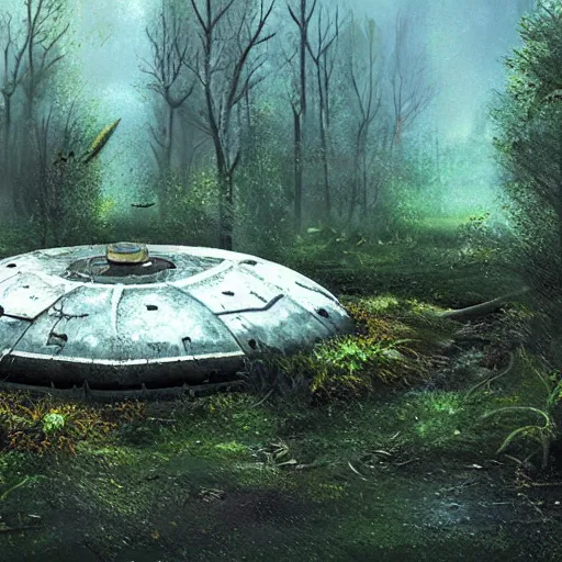 Prompt: abandoned UFO surface covered with vegetation,artstation