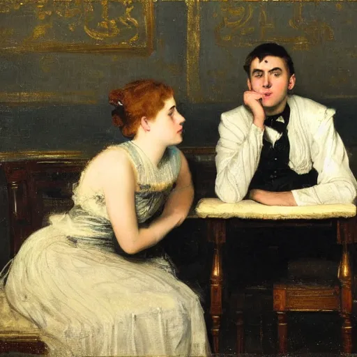 Prompt: young victorian man and woman solving an escape room riddle, sitting, thinking painted by alfred stevens