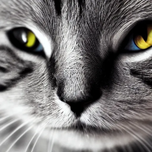Prompt: beautiful close-up of a cat looking directly into the camera, limited color palette, high contrast, digital art, abstract, geometric