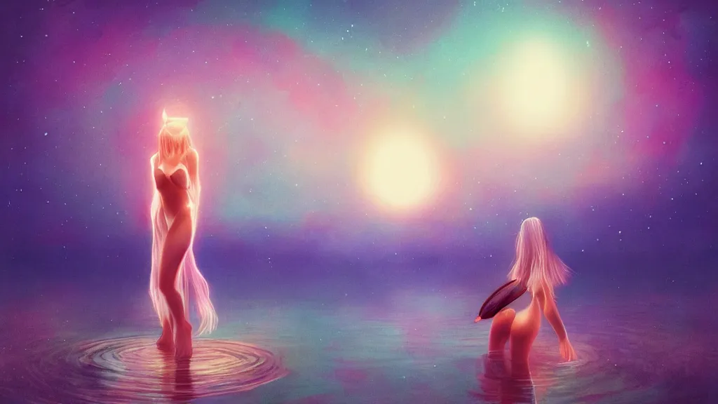 Prompt: a beautiful whimsical woman standing in a lake basking in the moonlight, underneath a multi-colored binary blackhole with an accretion disc, timelapse, by Lois van Baarle, by Greg Rutkowski, by artgerm, by beeple, cinematic angle, volumetric lighting, 4k resolution, octane render, trending on artstation, masterpiece