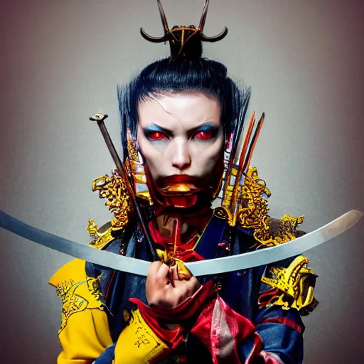 Prompt: photorealistic portrait of a fighting, beautiful, arrogant, female samurai warrior, holding katana sword, goth punk, vibrant yellow, red, blue, colors, surreal, a french baroque by by alexander mcqueen, octane render, hyper detailed, cinematic lighting