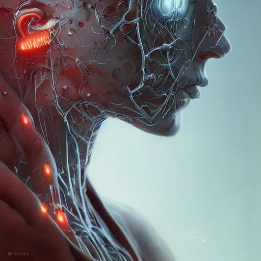 Image similar to portrait art illustration of an ultradetailed biomechanic evil neuronal cyborg, by greg rutkowski and Zdzisław Beksiński., photorealistic, 8k, intricate, futuristic, dramatic light, trending on cg society