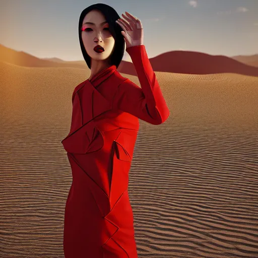 Image similar to innovative avant-garde art, deco fashion, asian women, wearing red, highly detailed, photorealistic portrait, serene desert setting, golden hour, crisp quality and light reflections, unreal engine 5 quality render