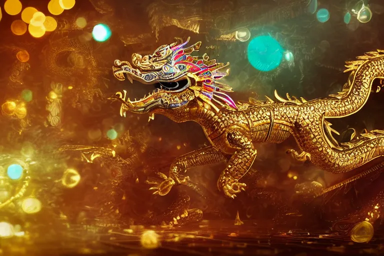 Image similar to cinematic shot of a miniature gold and silver chinese dragon intricately decorated with colorful jewels, detailed textures, midnight city lights, strong bokeh, dramatic lighting, unreal engine, cgsociety, artstation, 4k