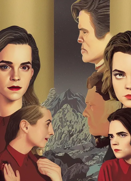 Image similar to Twin Peaks movie poster artwork by Michael Whelan and Tomer Hanuka, Rendering of Emma Watson & Kiernan Shipka meeting David Bowie, from a scene from Twin Peaks, clean, full of detail, Matte painting, trending on artstation and unreal engine