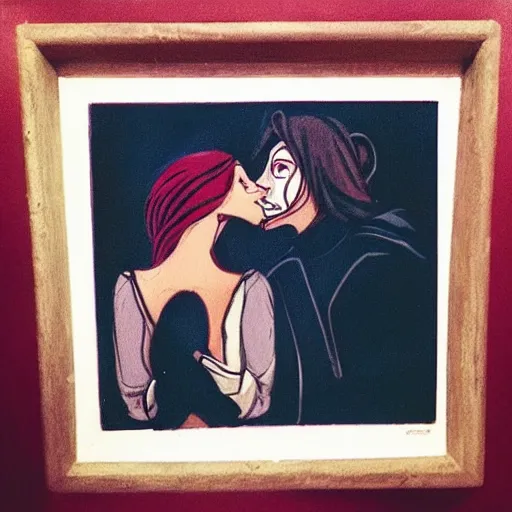 Image similar to lovers in the dark. art by disney extreme depicted facial expression, unperfect anatomy, unsharp focus, gloomy light, detailed and intricate environment, trending on tik tok