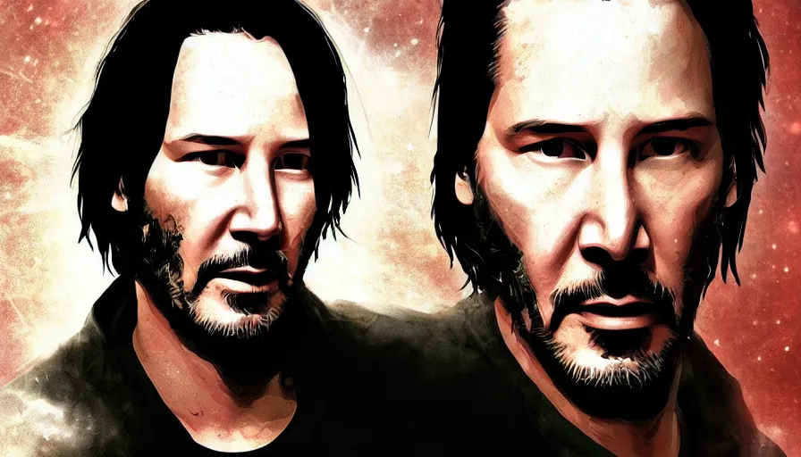 Image similar to Keanu reeves floating in space with a distressed look on his face, digital art, artstation, artgem