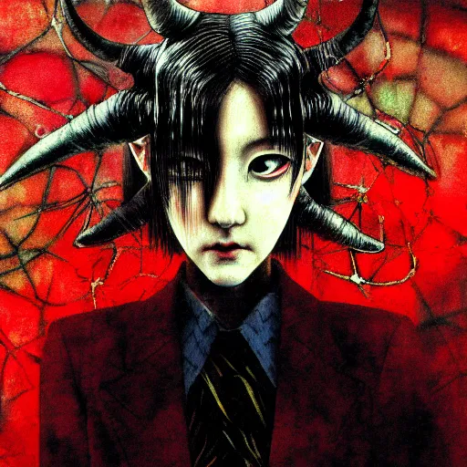 Image similar to yoshitaka amano blurred and dreamy realistic three quarter angle horror portrait of a sinister young woman with short hair, horns and red eyes wearing office suit with tie, junji ito abstract patterns in the background, satoshi kon anime, noisy film grain effect, highly detailed, renaissance oil painting, weird portrait angle, blurred lost edges