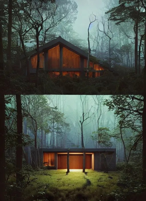 Image similar to hyper realistic witchy modern house with mood lighting and technology in the woods gorgeous lighting, blue sky, highly detailed, lush forest foliage painting by zdzisław beksinski and norman rockwell and greg rutkowski weta studio, and lucasfilm