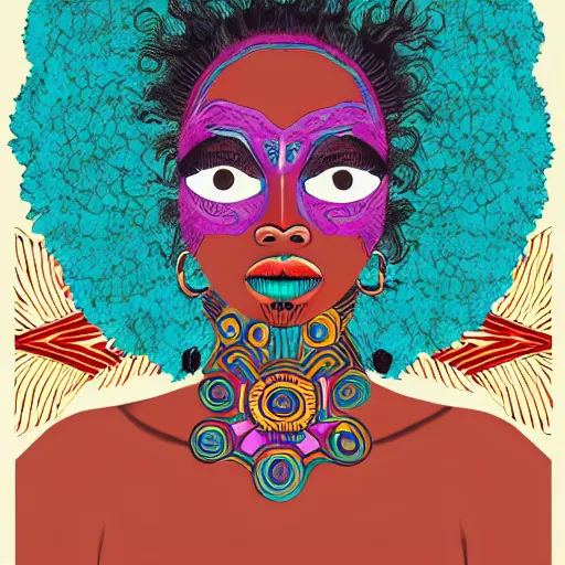 Image similar to Georgia Anne Muldrow, VWETO II, album art, 1970s, turquoise, side portrait, tribal mask inside mask, animalia, afro-psychedelia, afrocentric mysticism, in the style of Harumi Hironaka