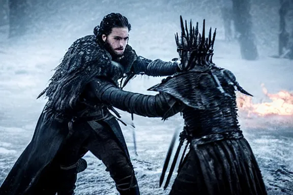 Image similar to very very intricate photorealistic photo of jon snow fighting the night king, photo is in focus with detailed atmospheric lighting, award - winning details