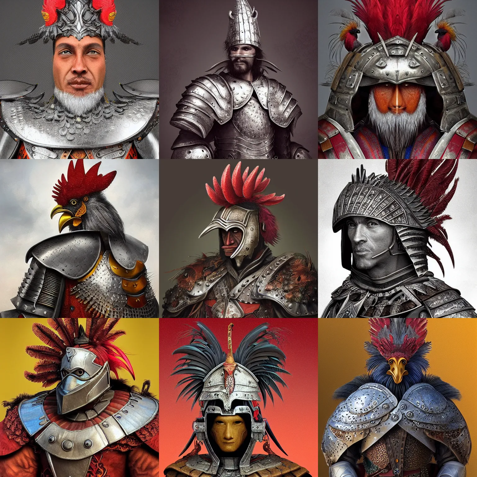 Prompt: “Portrait of rooster man dressed in armor by Alberto Savinio, masterpiece 4k digital, highly detailed, trending on artstation, award winning”