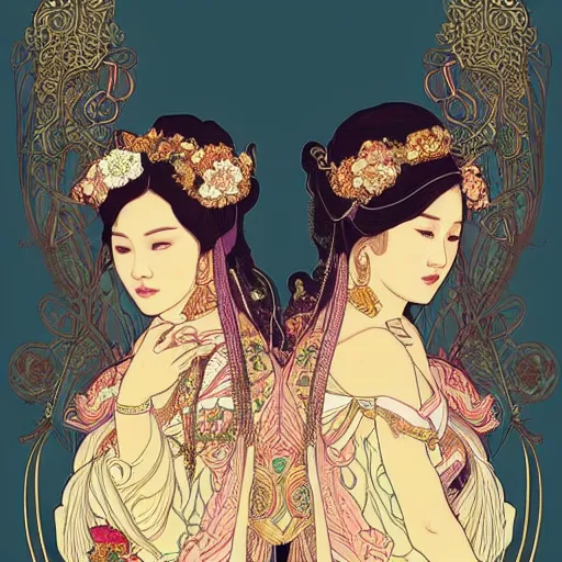 Prompt: beautiful and detailed digital illustration of a twin thai princesses by kittichai rueangchaichan, floralpunk, Artstation, art nouveau aesthetic, Alphonse Mucha background, intricate details,concept art, realistic, dramatic, detailed intricate ink illustration, heavenly atmosphere, Ukiyo-style