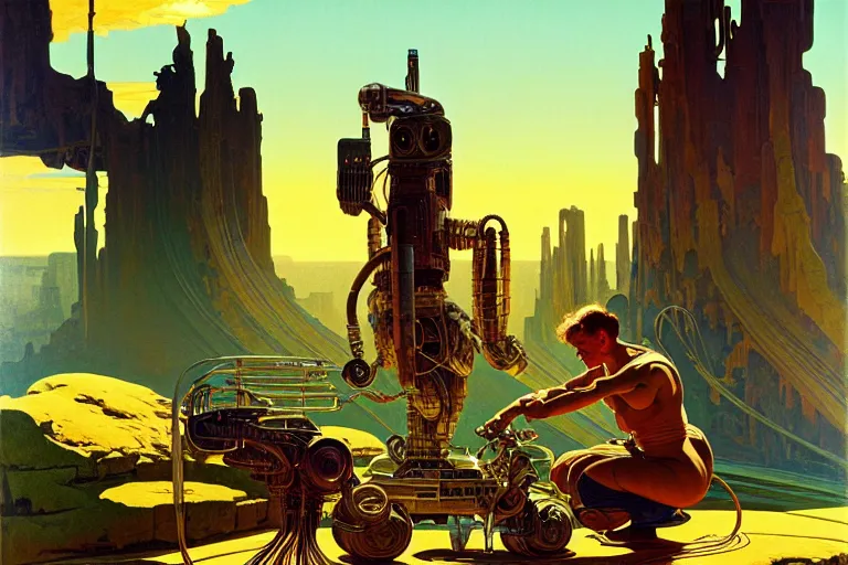 Image similar to natural american landscape | robot repairing another robot, painting by syd mead and weta studio, alphonso mucha, james jean, frank frazetta, highly detailed, rule of third, soft lighting, 8 k resolution, oil on canvas, architectural magazine, beautiful detailed, insanely intricate details, artstation trending, hypermaximalistic, high details, cinematic